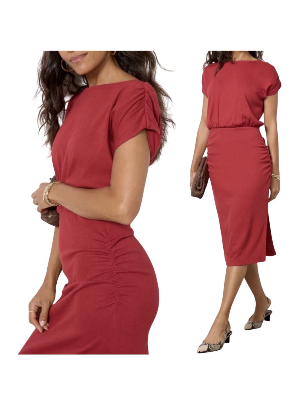Michael Stars Hannah Midi Dress Blouson Bodice Ruched Bodycon Skirt Red XS